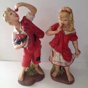 Red Ceramics Cherry Picker Hand Painted Vintage 1975 Boy Girl Antiqued Fruit